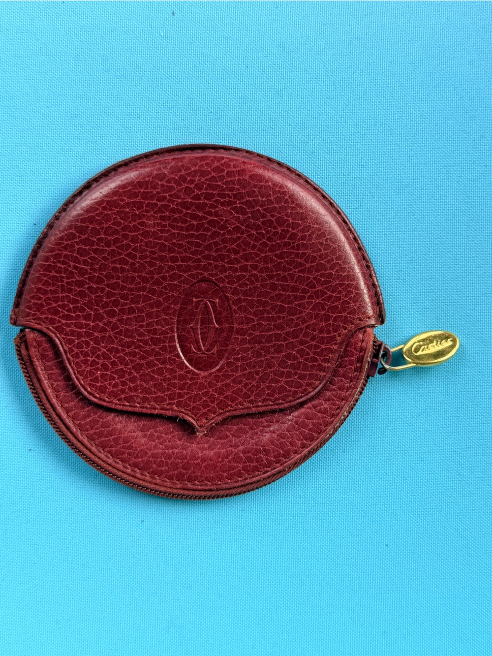 Cartier Burgundy Round Leather Key & Card Pouch with Gold-Tone Zip Pull